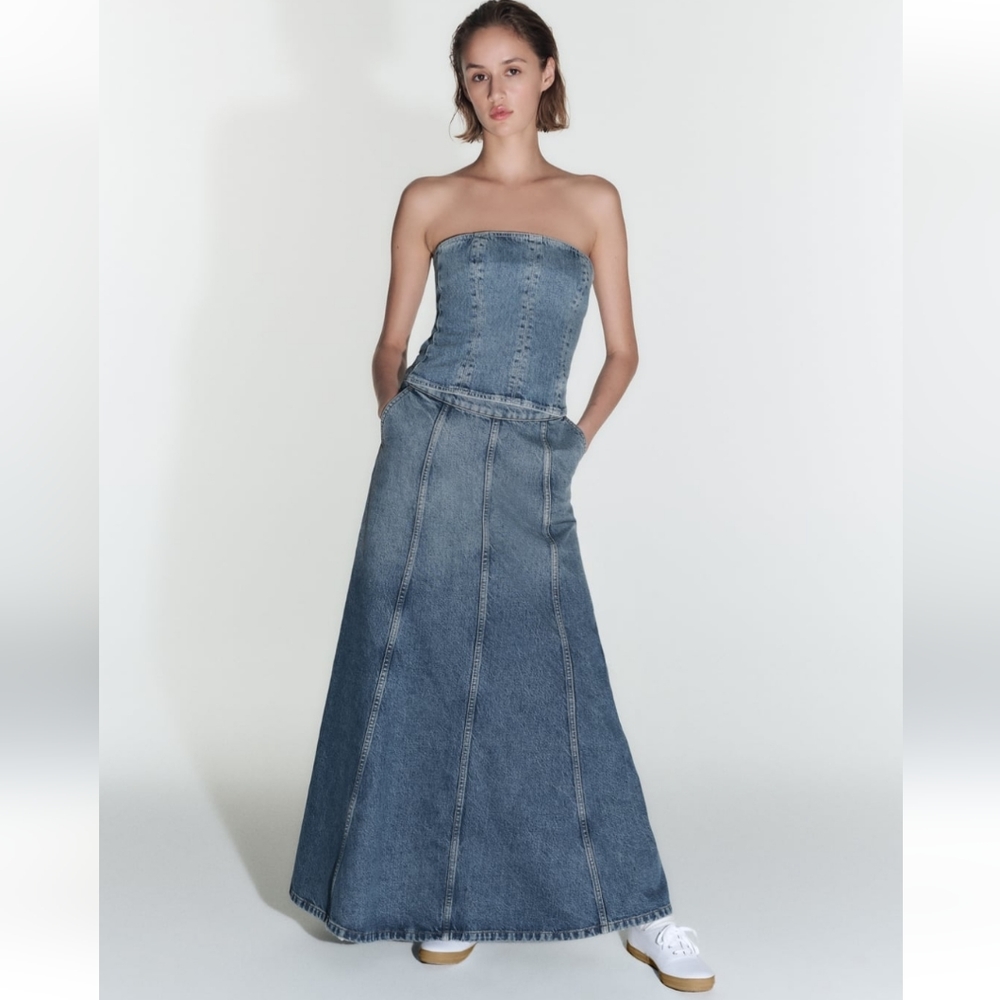 ZARA * HIGH-WAIST ZW LONG DENIM SKIRT FLARED FADED BLUE BLOGGER - Picture 5 of 16